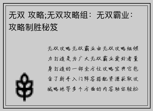 无双 攻略;无双攻略组：无双霸业：攻略制胜秘笈